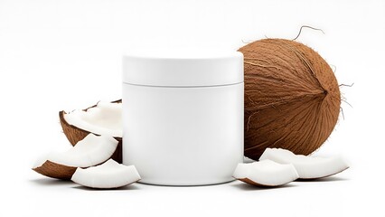 White jar with coconut pieces and whole coconut on a white background