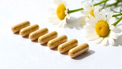 Chamomile herbal supplement capsules with fresh chamomile flowers 