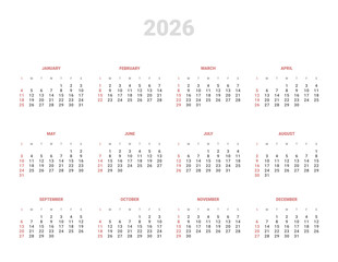 Annual Calendar Templates 2026. Vector layout of wall or desk vertical simple calendar with week start on Sunday. Weekends highlighted in red. Page A4 in Minimal style for print