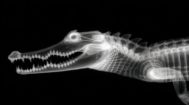Scientific x-ray image of a crocodile skeleton showing reptile anatomy and skeletal structure for biology research