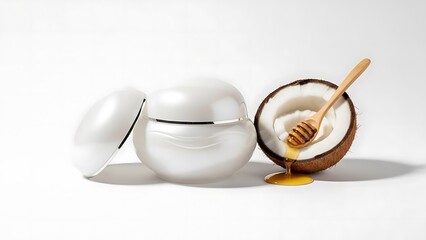 Luxurious white cream jar with coconut and honey ingredients for skincare