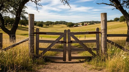 Rustic wooden gate in countryside landscape.