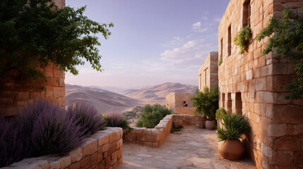 Ancient stone village with narrow pathways and purple flowers on foreground against desert mountains background peaceful historical atmosphere