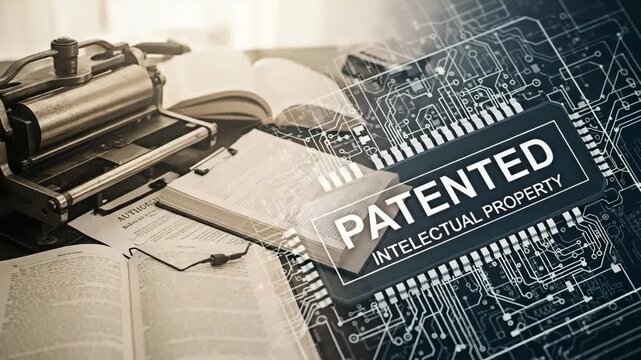 Patent intellectual property concept showing an old typewriter and circuit board.