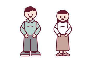 自分のぽっこりお腹を見ている太った男女のイラスト