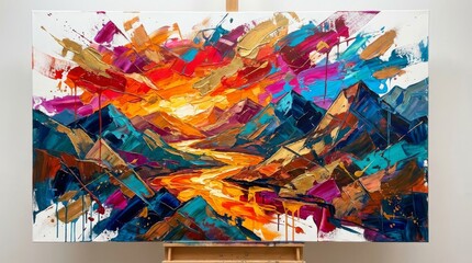 Vibrant Abstract Mountain River Sunset Painting