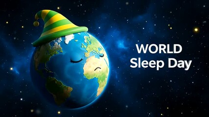 World Sleep Day: Adorable sleeping Earth character in a striped nightcap, symbolizing global awareness for rest, healthy sleep habits, and well-being against a starry night.