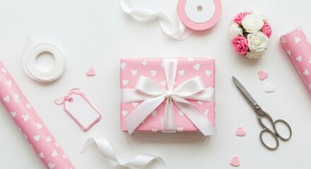 Beautiful pink gift box with white hearts and satin ribbon on a white background. Perfect for Valentine's Day, Mother's Day, and birthday greetings or gift wrapping tutorials and DIY blogs.