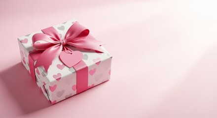 Fototapeta premium white gift box with pink hearts and a large bow on a pink background. Romantic present with a tag and copy space, perfect for Valentine's Day, weddings, and birthdays.