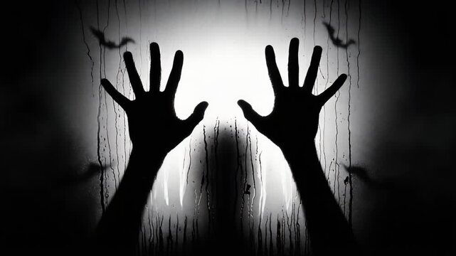 Silhouetted Hands Reaching Out Against a Haunted Background with Flying Creatures