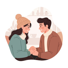 Obraz premium Couple holding hands, winter cozy indoors, warm clothes, love, relationship, flat design