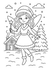 Obraz premium Winter Fairy: An enchanting illustration of a winter fairy, spreading magic with a wave of a wand, floats joyfully against the backdrop of a snow-covered scene. 