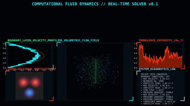 Computational Fluid Dynamics Dashboard Showing 3D Volumetric Flow Field, Boundary Layer Velocity Profile, Turbulence Intensity and Vorticity Analysis