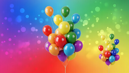 Vibrant balloons floating on rainbow background with sparkling lights