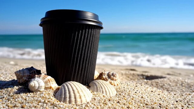 A close-up shot captures a sleek, minimalist black disposable coffee cup, perfectly placed amidst a scattering of natural seashells on a pristine, sun-drenched sandy beach. The tranquil turquoise ocea