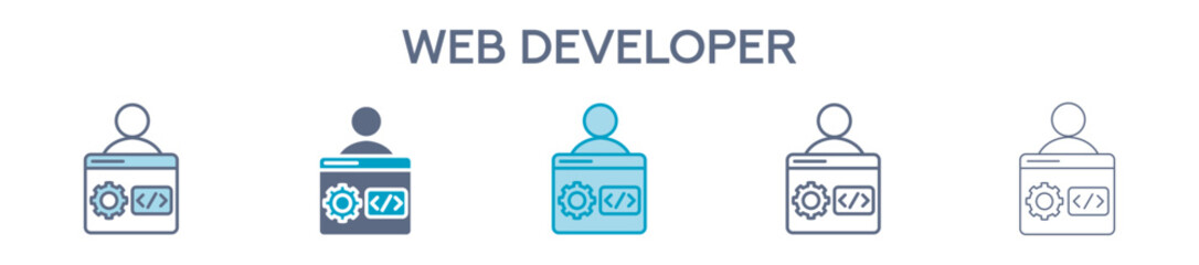 Web Developer Element For Design Graphic - Multi Styles. Vector Illustration Of Two Colored And Black. Multiple Icons Designs Can Be Used For Mobile, Ui, Web 