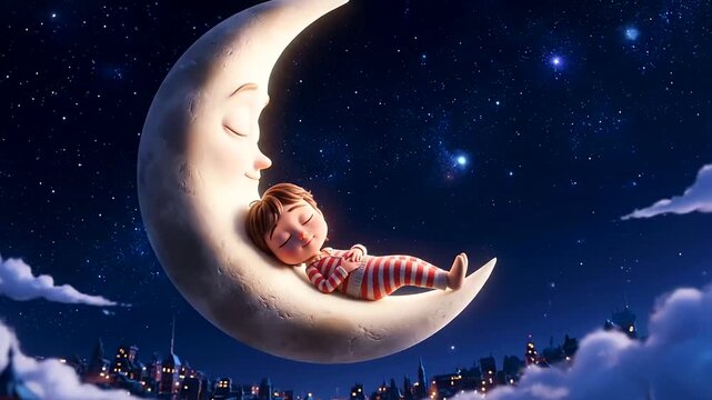 Cute cartoon child sleeping peacefully on a crescent moon with a friendly face, symbolizing tranquility and sweet dreams against a starry night sky above a cityscape, perfect for World Sleep Day