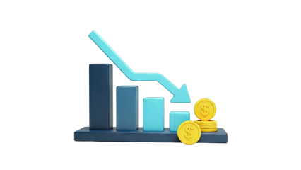 3D Bar Chart Showing Financial Decline with Dollar Coins
