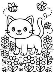 Whimsical Cat and Blossoms: A cheerful, line art portrayal of a playful kitten amidst blooming flowers, with buzzy bees, creating a scene of innocent joy and summer charm. 