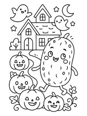 Cheerful Halloween: A whimsical illustration with a jovial pickle character leading a festive parade of carved pumpkins and friendly ghosts.