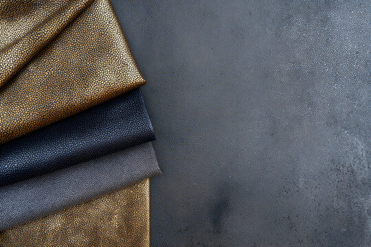 Shagreen leather texture sample in navy blue, gold, and gray, arranged on dark background, showing elegant, luxurious, and modern material for interior design