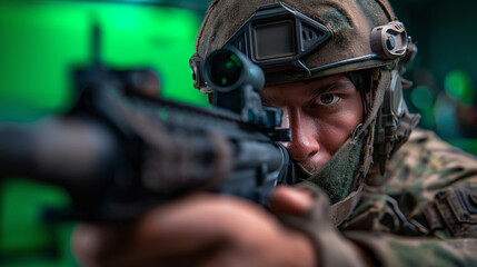 Defocused soldier aiming rifle on green screen, blurred tactical gear and helmet, chroma key background, military training footage, armed forces photography, weapon handling demons