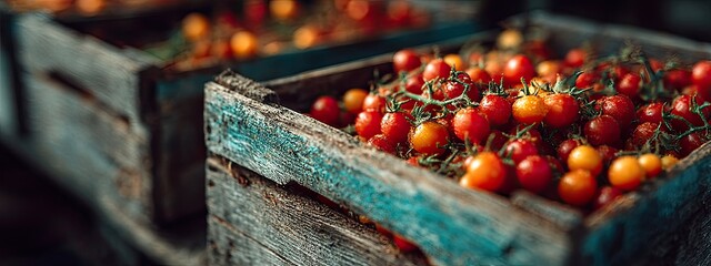 Summer Farming Scene: Colorful Tomato Crop with Green Leaves Background