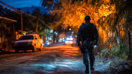 Faceless officer conducting night patrol with flashlight, residential area security, law enforcement duty scene, tactical gear visible, evening neighborhood watch, community safety