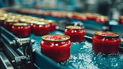 Fish Processing Plant: Automated Machinery Filling Tin Cans with Red Sauce