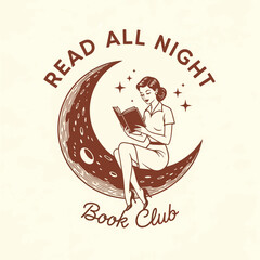 Woman reading on crescent moon T-Shirt Design for book lovers under starry night © Clovernand