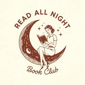 Woman reading on crescent moon T-Shirt Design for book lovers under starry night