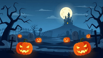 Spooky Halloween night with pumpkins in a graveyard under the full moon. © Abhinaya Project
