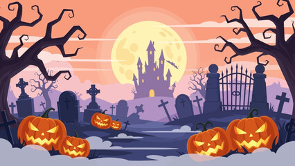 Spooky Halloween night with pumpkins and haunted castle. © Abhinaya Project