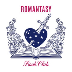 Vibrant Romantasy Book Club Design with Heart, Book, and Sword Elements for T-Shirt Design