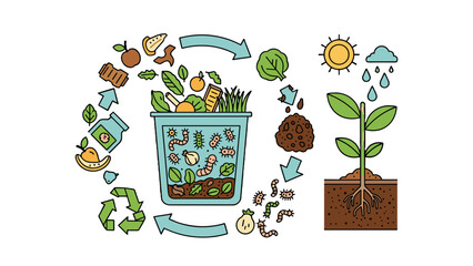 A colorful vector illustration of a recycling cycle for organic waste and composting