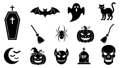 Halloween icons set with spooky symbols and decorations.