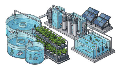 A modern aquaculture system with solar panels and water circulation