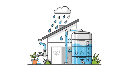 A simple illustration of a house with a rainwater harvesting system and storage tank