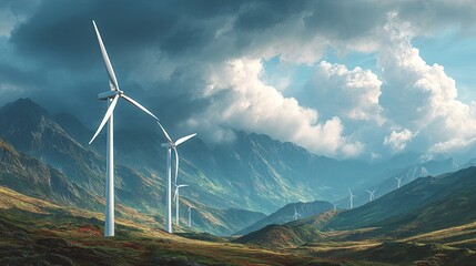 Renewable Power Generation: Rotating Blades of Windmill Farm Producing Electricity