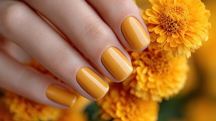 Cheerful Fashion Concept: Female Fingers with Glossy Yellow Gel Nails