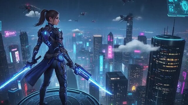 Futuristic warrior stands on rooftop overlooking neon-lit cityscape at dusk with flying vehicles in the sky