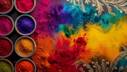 Top-Down Holi Festival Illustration &ndash; Bowls of Vibrant Powder Pigments with Traditional Indian Patterns