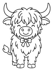 Fototapeta premium Highland cow character: This adorable illustration showcases a cheerful Highland cow. Its fluffy coat, gentle eyes, and charming demeanor create a delightful scene.