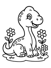 Obraz premium Cute Dinosaur with Flowers: A charming cartoon depiction of a friendly dinosaur happily seated amidst blooming flowers, bringing a sense of joy and imagination