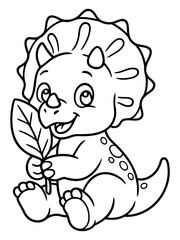 Obraz premium Playful Triceratops with a Leaf: A whimsical cartoon-style depiction of a friendly triceratops, holding a leaf, exuding a sense of playful innocence and curiosity, evoking a sense of joy and wonder.
