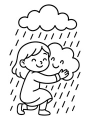 Fototapeta premium Girl with Cloudy Companion: A cheerful girl is joyfully embracing a cloud, expressing delight amidst a gentle rain, symbolizing connection and happiness. 