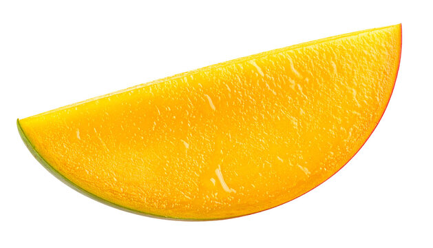A vibrant, close-up shot showcasing a single, ripe, juicy mango slice isolated against a stark black background
