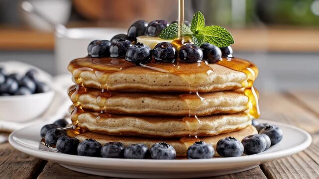 A delectable stack of golden pancakes is beautifully presented on a white plate, generously adorned with fresh, vibrant blueberries and a melting pat of butter. Golden syrup cascades lusciously down t