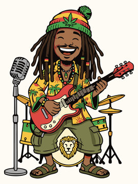 Happy Reggae Musician Playing Guitar Cartoon Illustration
