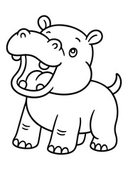 Obraz premium Smiling Hippo Illustration: a black and white illustration of a smiling hippopotamus, suitable for coloring and educational purposes.